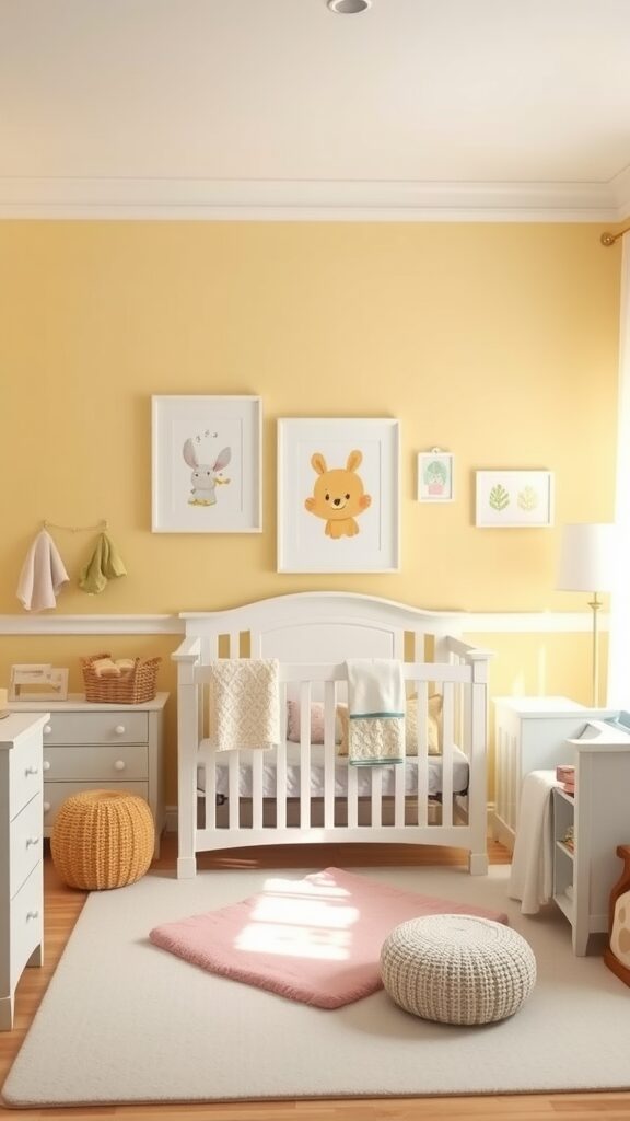 A cozy nursery with light yellow walls, a crib, and soft decor.