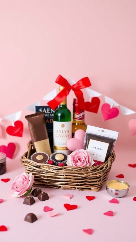 A beautifully arranged luxury Valentine gift basket featuring chocolates, drinks, and a pink ribbon, surrounded by heart-shaped decorations.