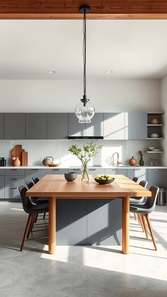 Modern kitchen with a central wooden table and stylish chairs, featuring natural lighting.