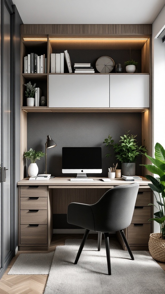 A modern home office with wood paneling, a dark wood desk, and plants for decor