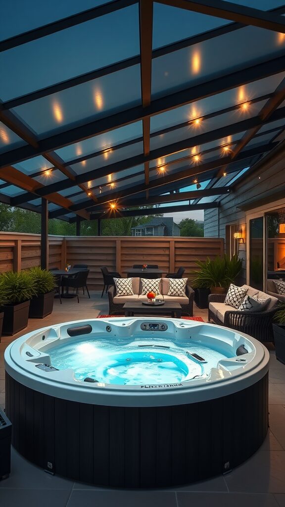 A stylish jacuzzi patio with a metal roof and cozy seating area.