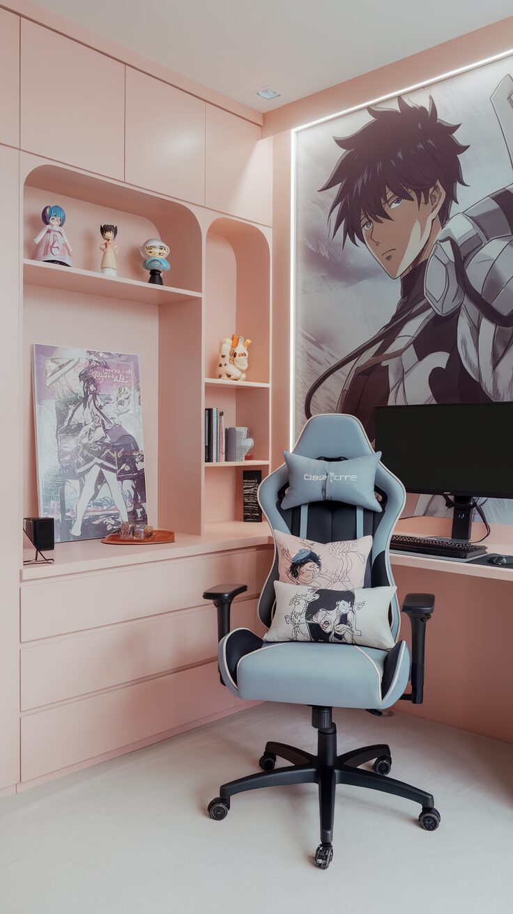 A minimalist anime room setup featuring pink walls, stylish furniture, and anime figures.