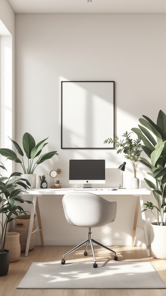 A minimalist home office with a light-colored desk, computer, and plants.