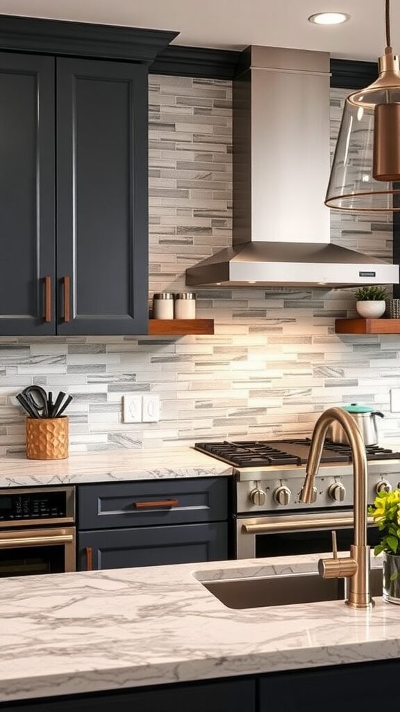 A modern kitchen featuring dark cabinets, marble countertops, and a stylish backsplash.