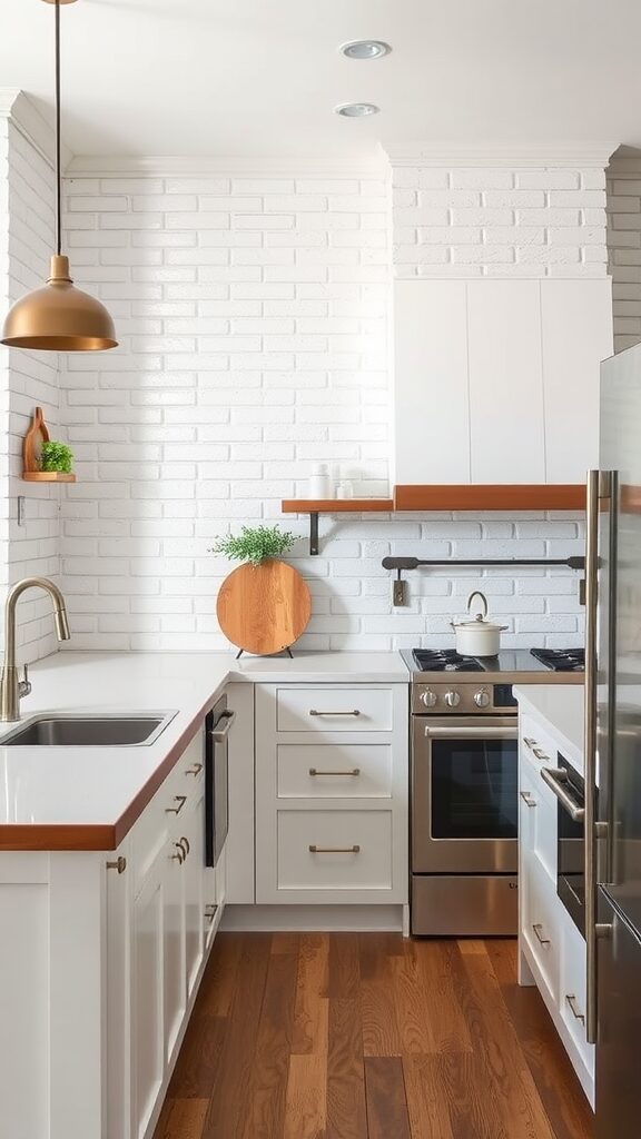 Modern kitchen featuring white cabinets and a rustic white brick backsplash.