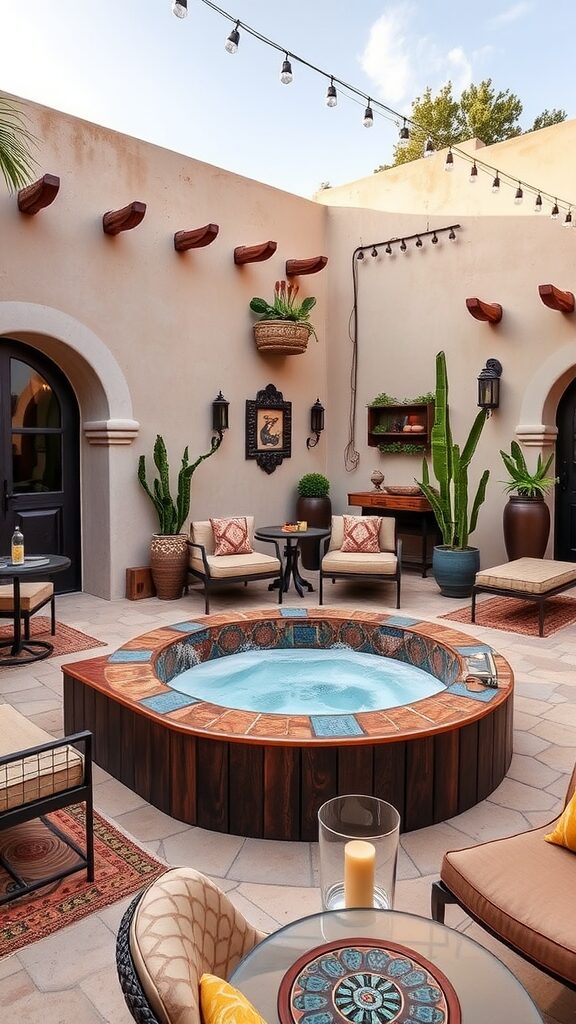 Outdoor patio featuring a jacuzzi surrounded by seating and plants.