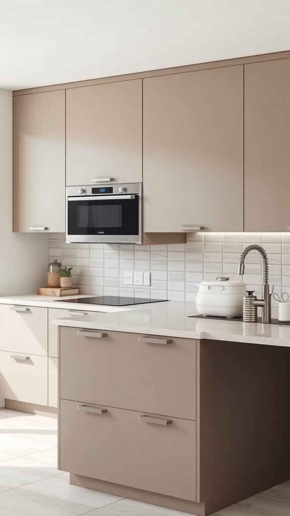 Modern kitchen with taupe cabinets and a minimalist stone backsplash - taupe kitchen backsplash