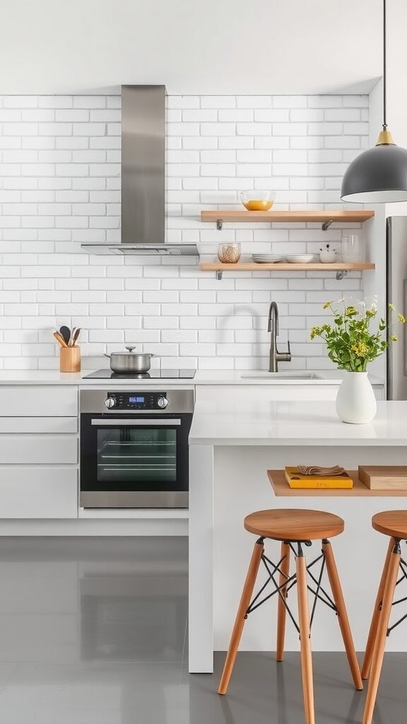 Modern minimalist kitchen with white cabinets and a white brick backsplash.