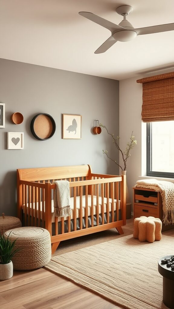 A modern nursery featuring earthy tones, with a wooden crib and gray walls.