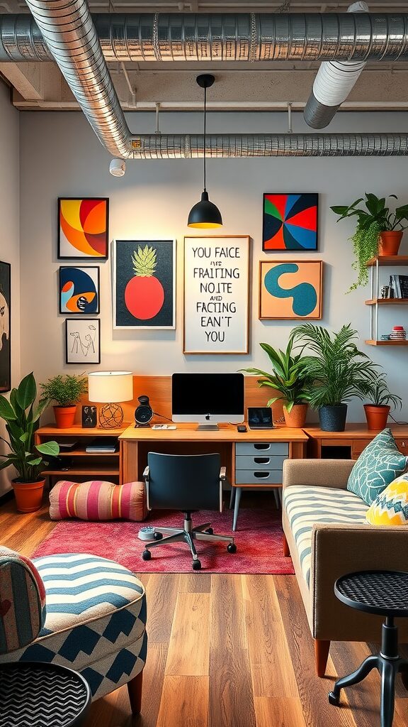 Modern office space featuring vibrant wall art, a wooden desk with a computer, plants, and comfortable seating.