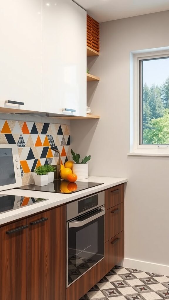 A modern small kitchen featuring colorful patterned tiles and sleek white cabinets.