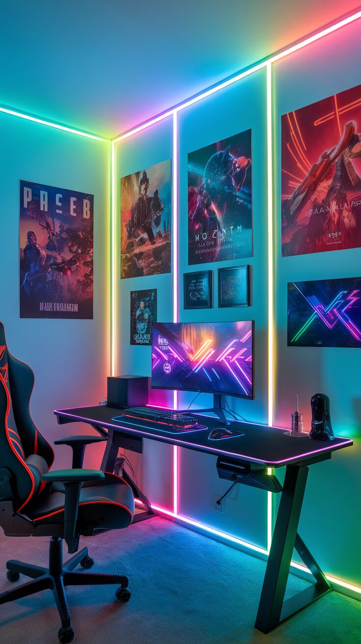 A vibrant neon gaming bedroom setup with LED lights, gaming chair, and a sleek desk.