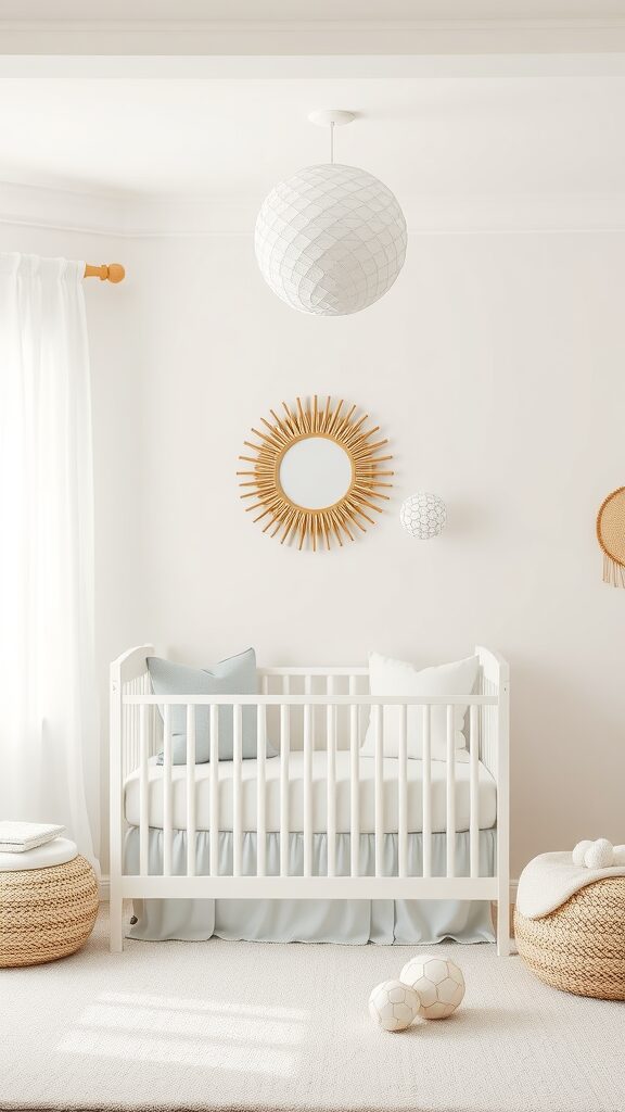 A serene nursery featuring a white crib, calming wall colors, and decorative elements.