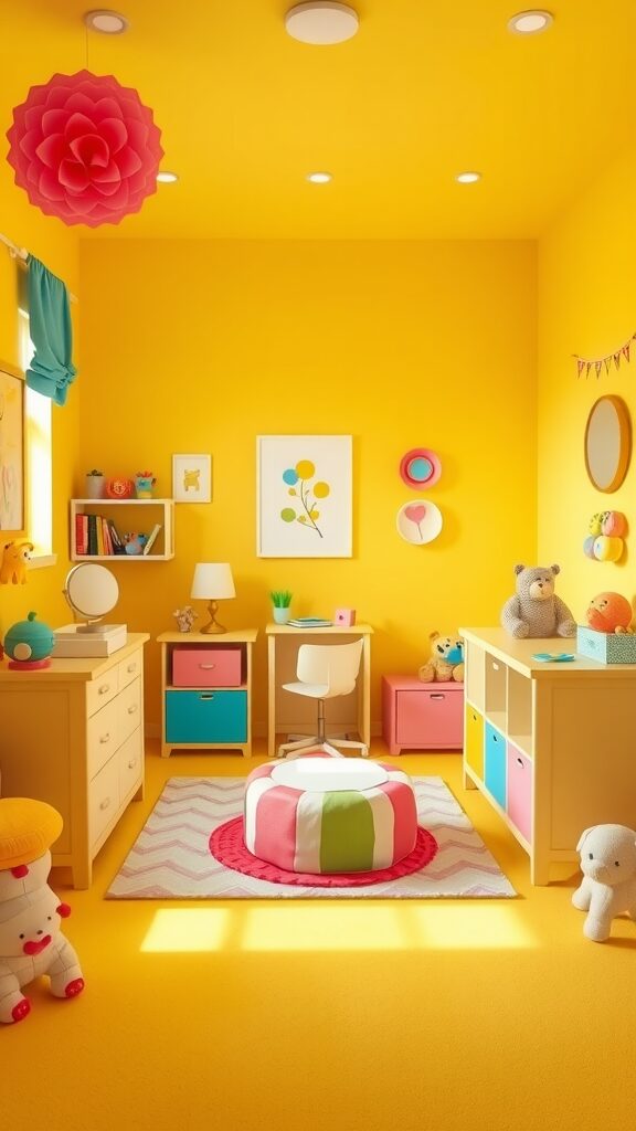 A bright yellow nursery featuring playful decor and colorful furniture.