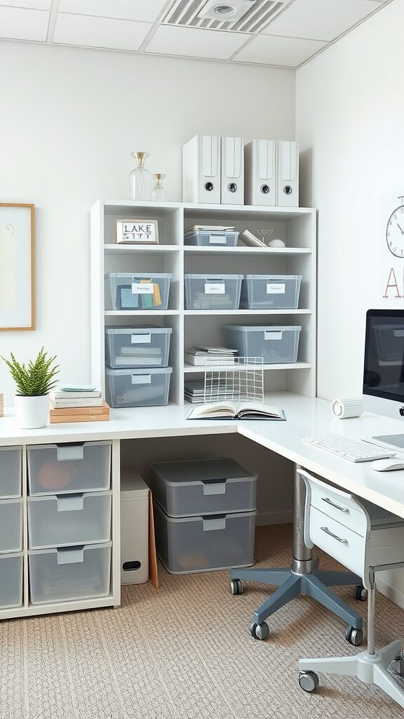 A modern organized office space with a wooden desk, storage bins, and a plant.