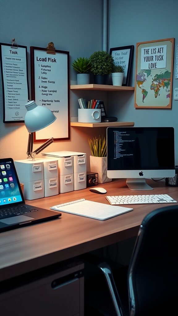 A well-organized desk featuring a computer, laptop, plants, and a wooden desk organizer.