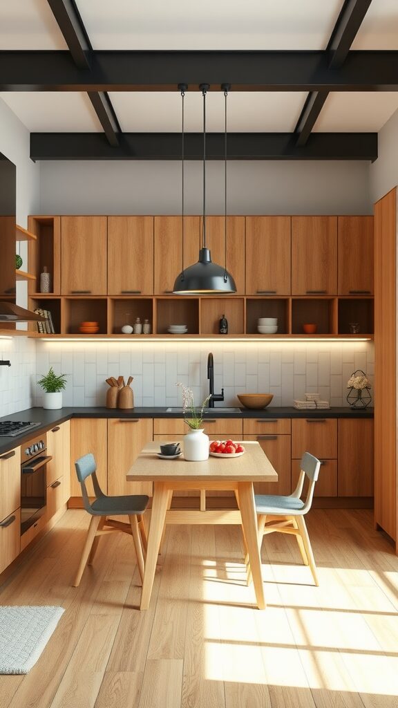 Modern kitchen with a small dining table in the middle, featuring wooden cabinets and a contemporary design.