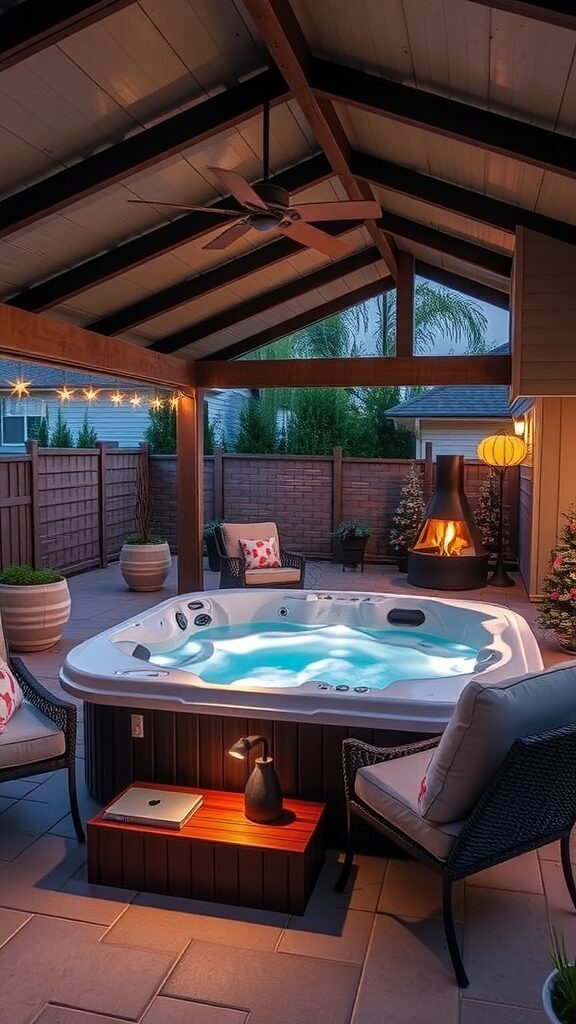 A cozy outdoor patio featuring a jacuzzi, stylish seating, and a warm ambiance.