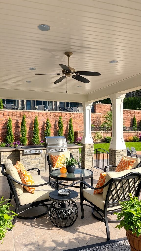 Stylish outdoor covered patio with seating and grill