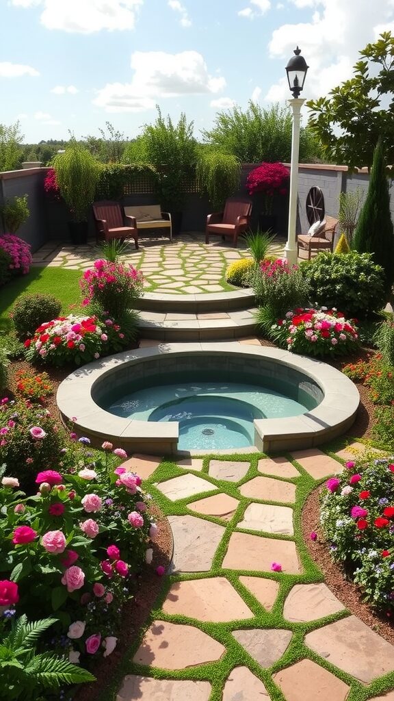 A beautifully landscaped backyard featuring a jacuzzi surrounded by flowers and seating areas.