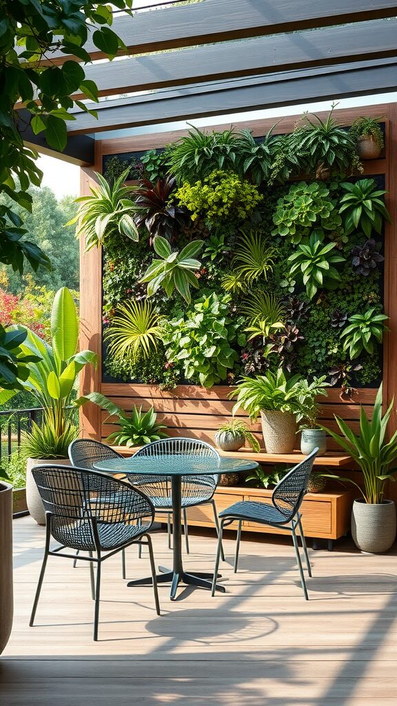 A beautiful outdoor patio featuring a lush plant wall with various green plants, a round table, and stylish chairs.