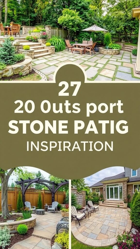 Beautiful outdoor stone patio with seating and greenery