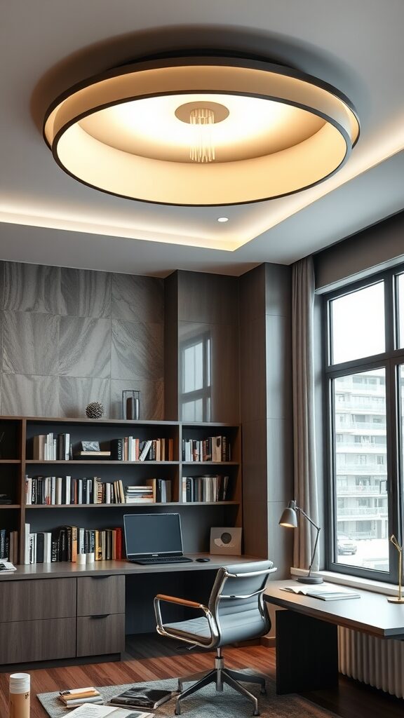 A modern overhead ceiling light illuminating a stylish home office with a desk and bookshelves.