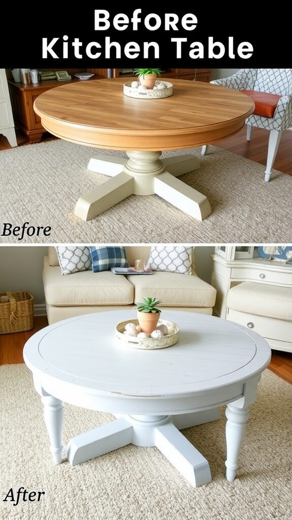 Before and after of a kitchen table makeover from wood to painted finish