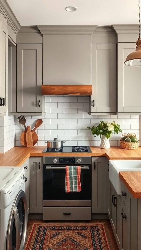 A cozy kitchen featuring taupe cabinets and butcher block countertops