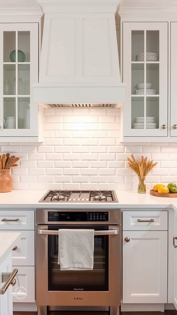 A modern kitchen featuring white cabinets and a white brick backsplash.