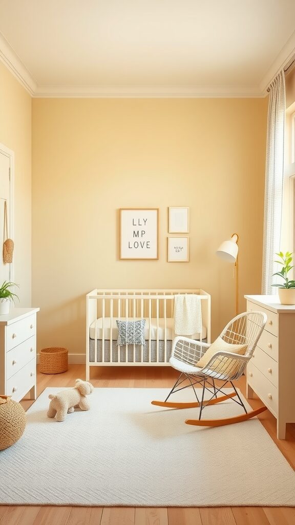 A serene pale yellow nursery featuring a crib, rocking chair, and warm wooden floors.