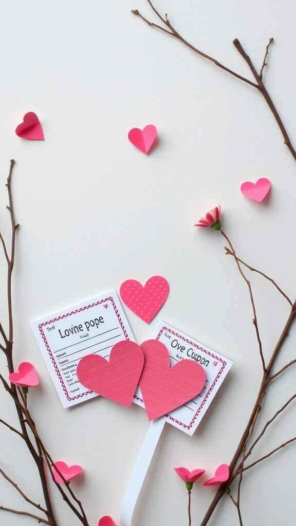 Colorful paper hearts and love coupons on branches for Valentine's Day