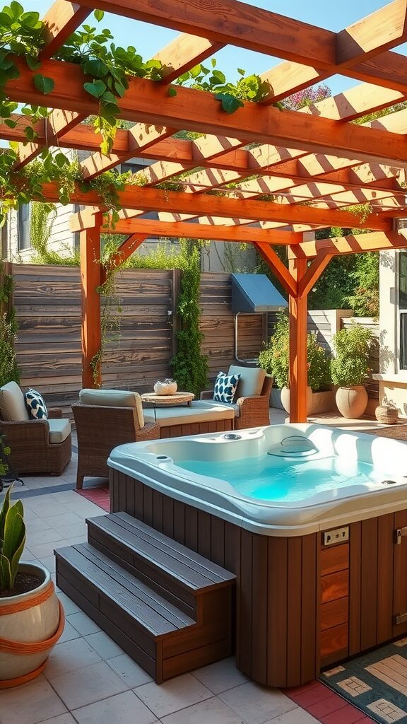 A cozy patio featuring a jacuzzi and a wooden pergola with greenery.