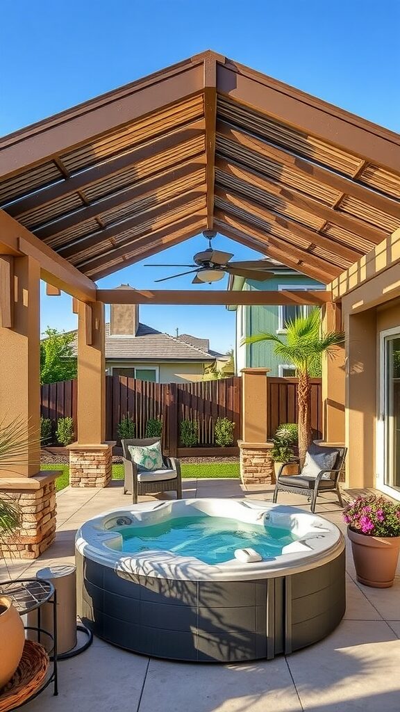 Patio with jacuzzi and a wooden pergola roof