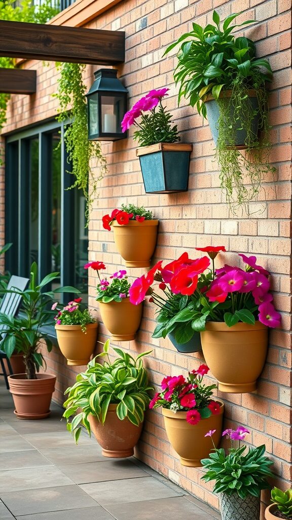 Colorful wall planters with various flowers and greenery on a brick wall.