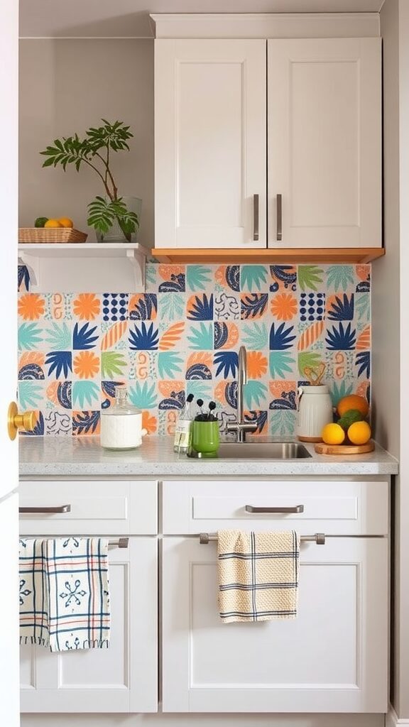 Colorful patterned backsplash in a small kitchen with white cabinets and countertop