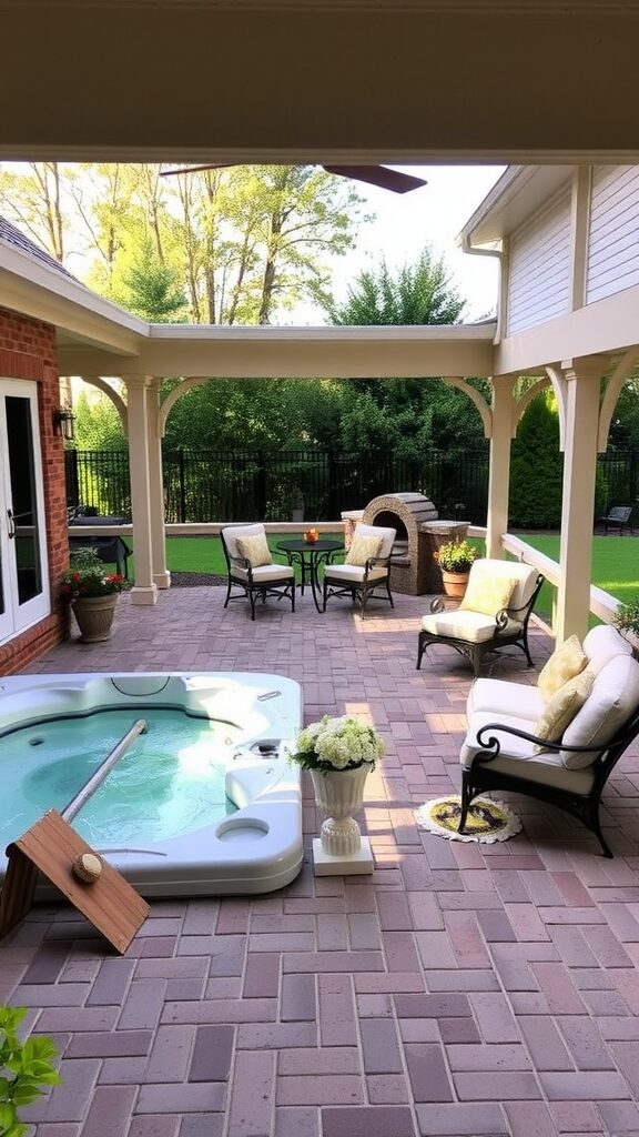 Cozy outdoor space featuring a jacuzzi, paver patio, and covered porch.