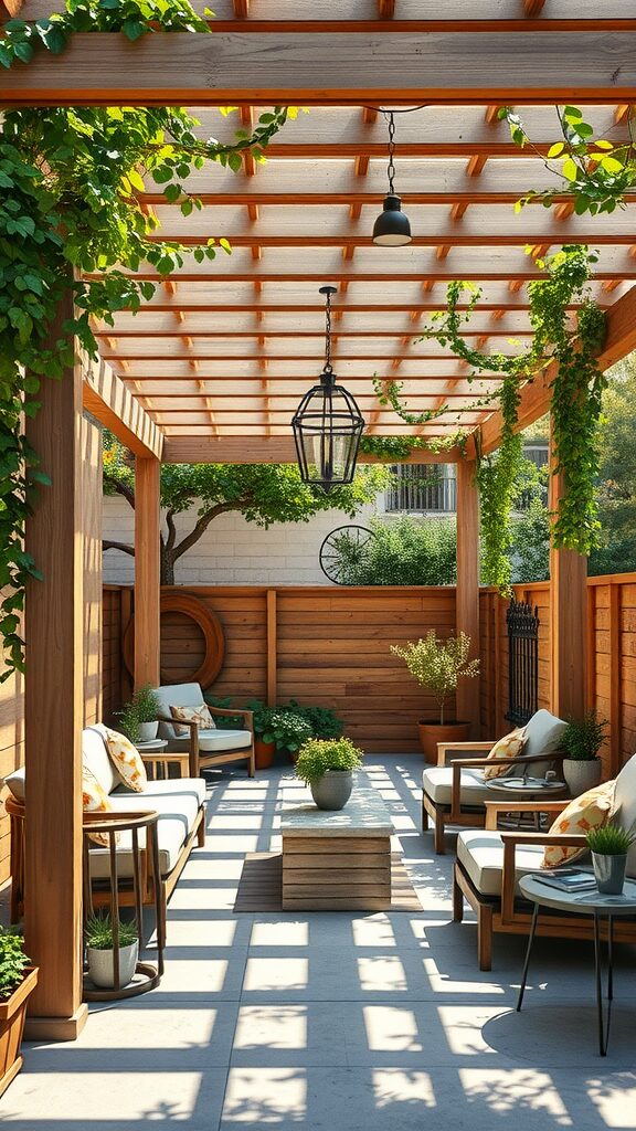 A modern pergola patio with comfortable seating and plants.