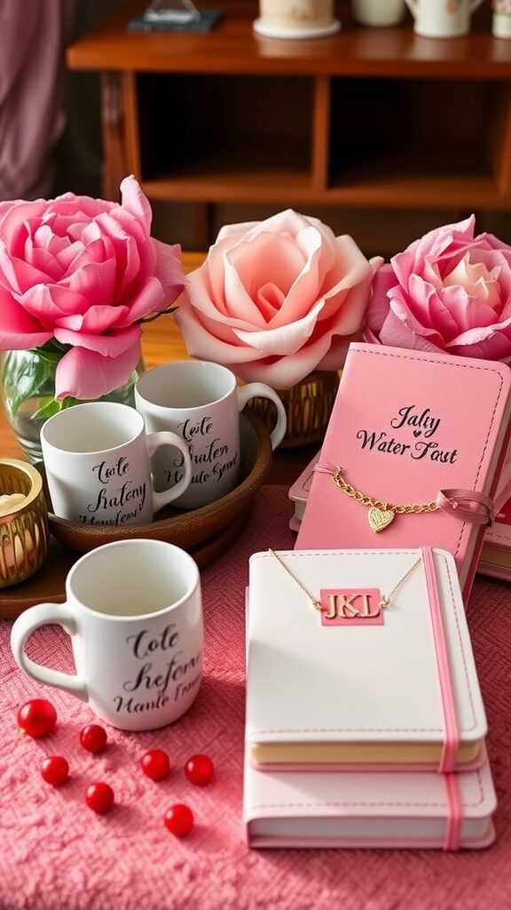 A collection of personalized gifts including custom mugs, notebooks, and a heart necklace, set against a backdrop of pink flowers.