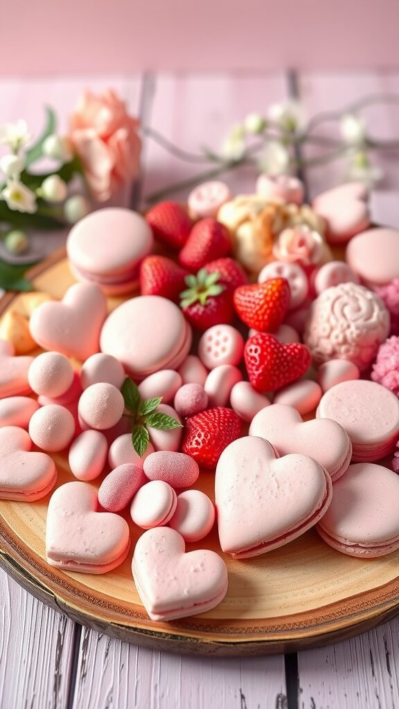 A pink dessert charcuterie board filled with heart-shaped macarons, strawberries, and assorted pink candies.