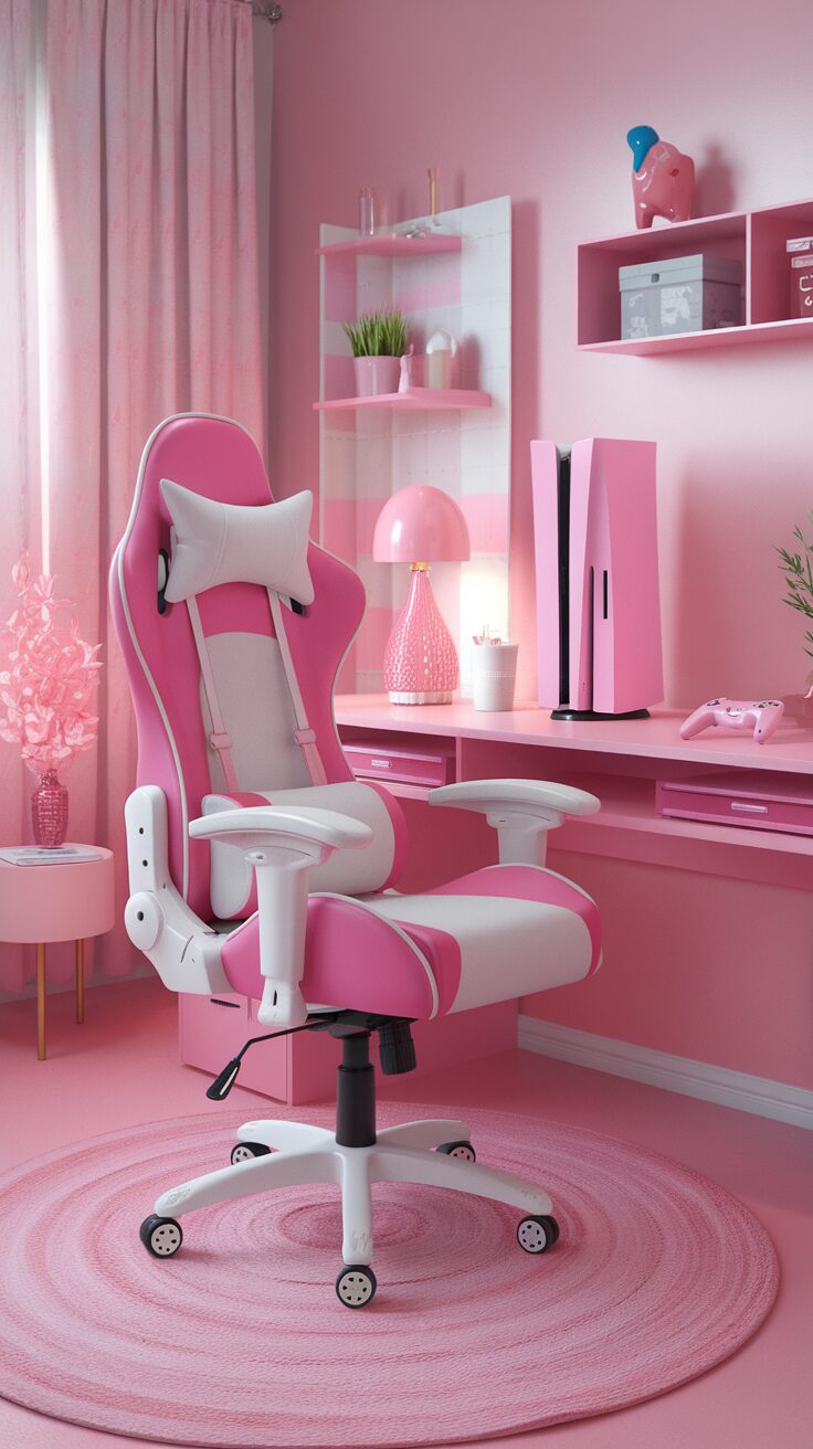 A pink gaming setup featuring a pink gaming chair, pink PS5 console, and matching decor.