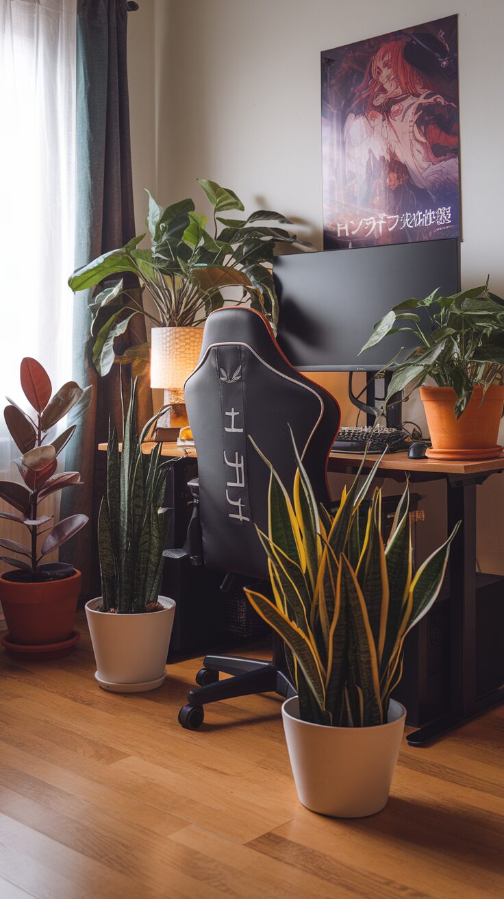 A cozy gaming setup with desk, computer, and various potted plants.