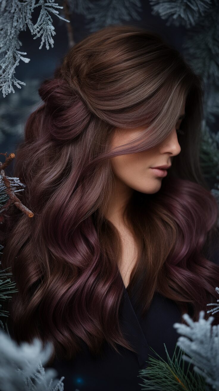 Brunette hair with plum undertones cascading in waves, surrounded by icy branches.