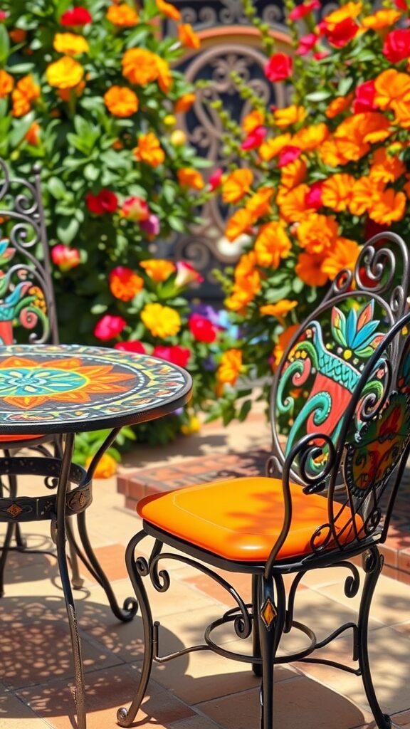 Colorful iron patio furniture surrounded by vibrant flowers