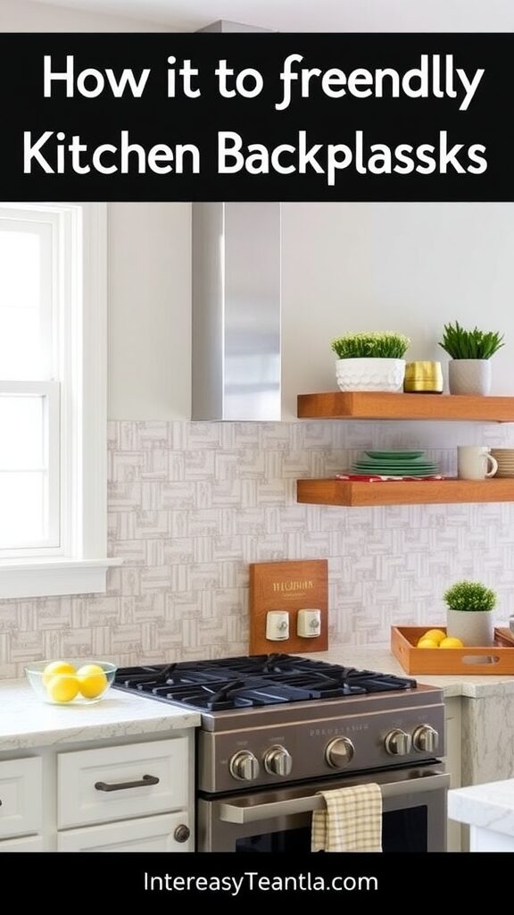 A modern kitchen with a stylish backsplash, featuring white cabinets and a sleek stove.