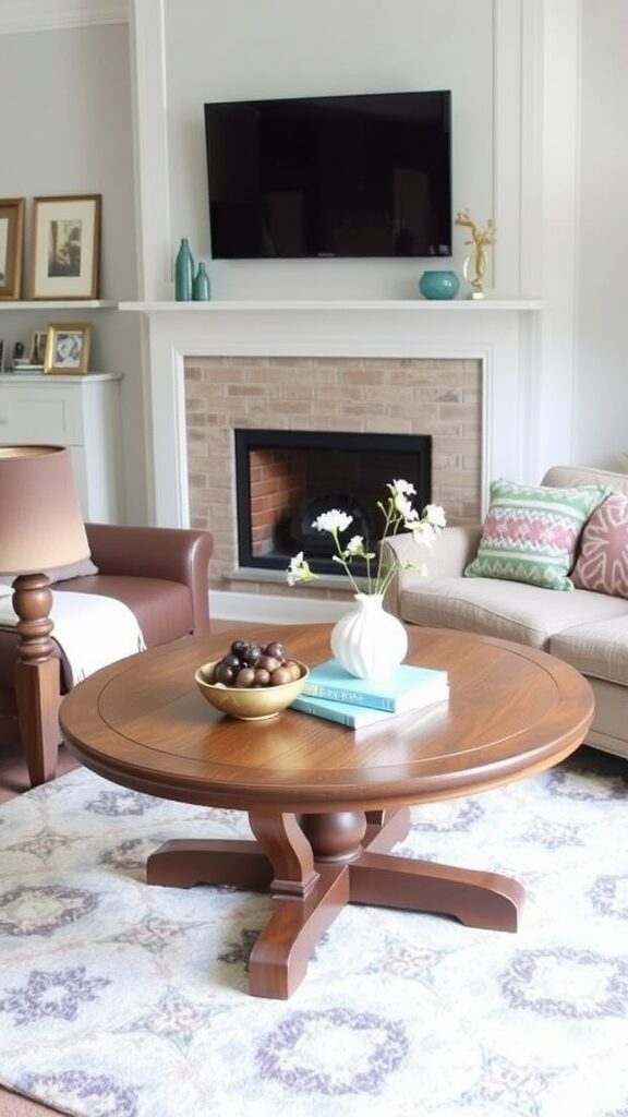 Stylish round wooden coffee table in a cozy living room setting