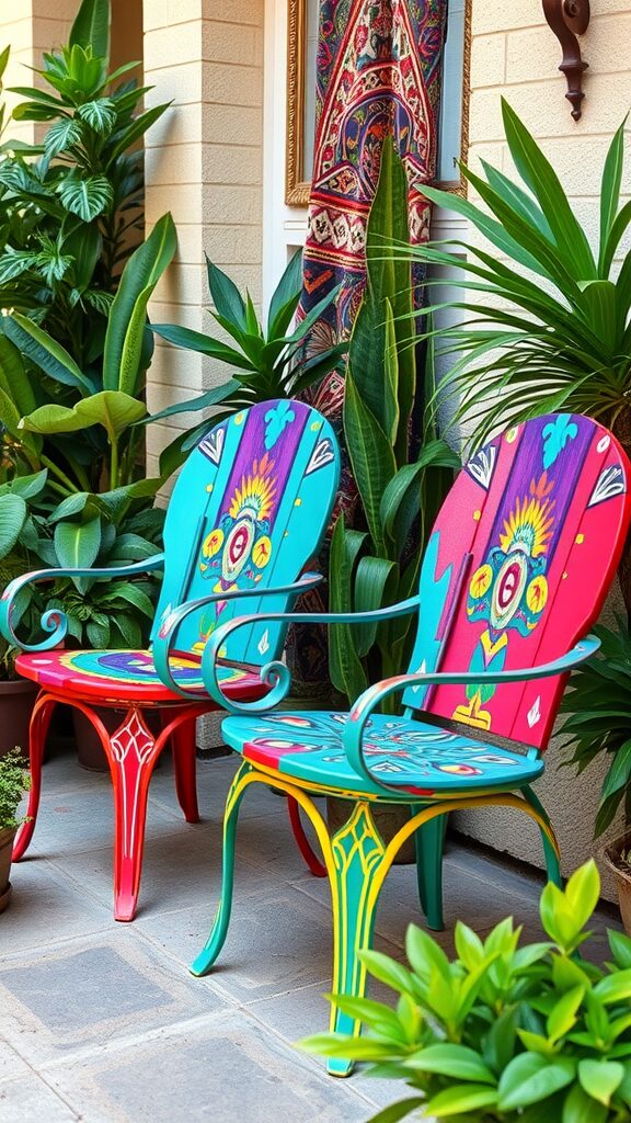 Vibrantly painted metal patio chairs in a Mexican-inspired design surrounded by plants. patio mexicano makeover