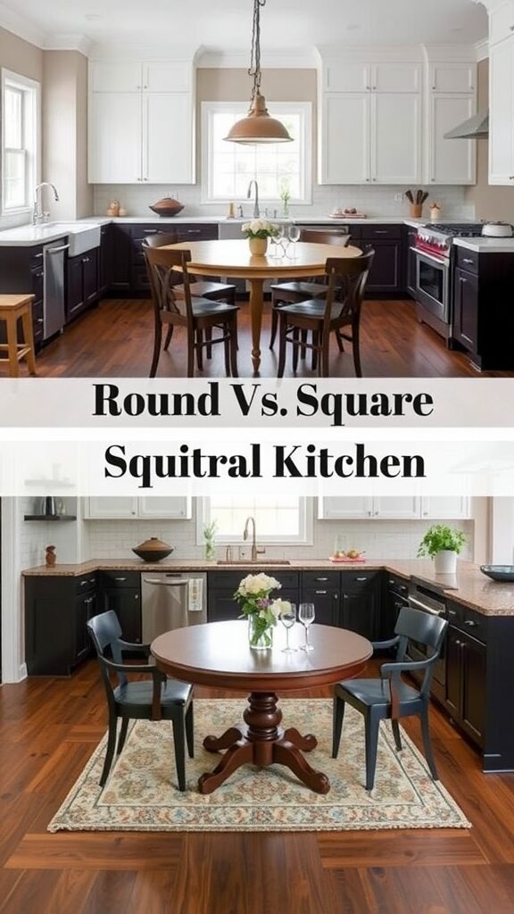 Comparison of round and square kitchen tables in a modern kitchen setting.