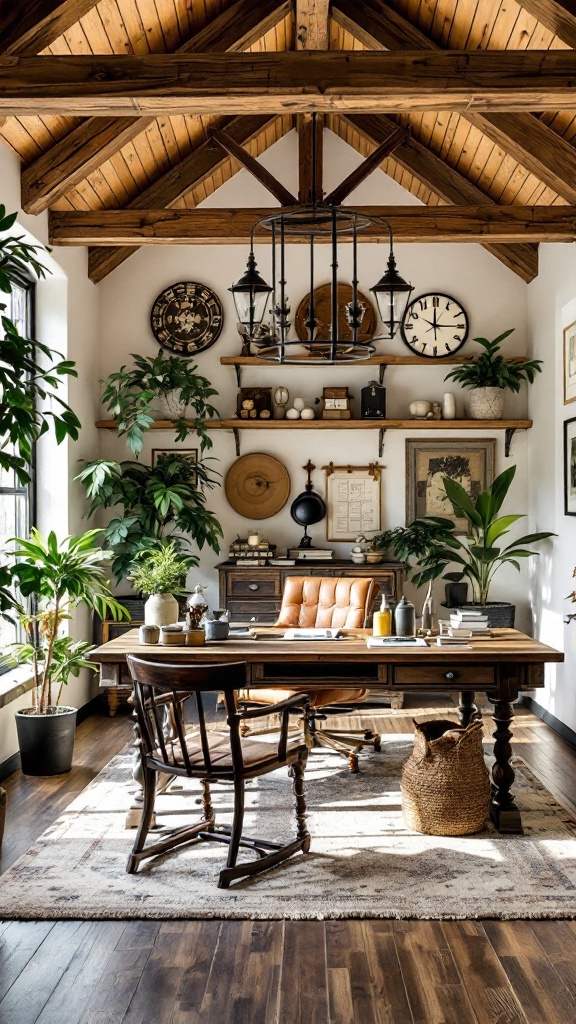 A modern farmhouse office featuring dark wood desk, leather chair, and lush greenery.