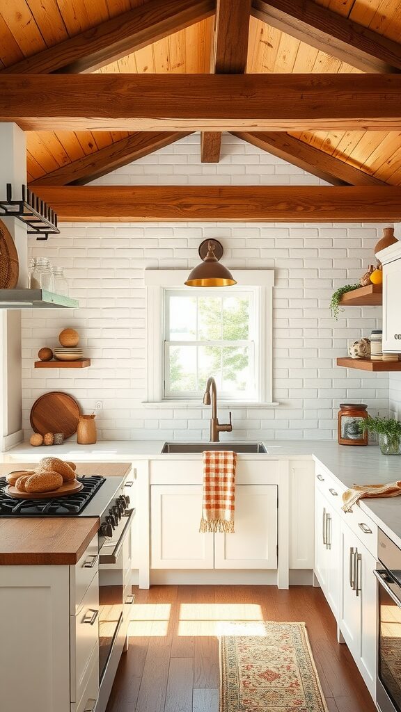 A cozy kitchen featuring a white brick backsplash with rustic wooden accents and white cabinets.